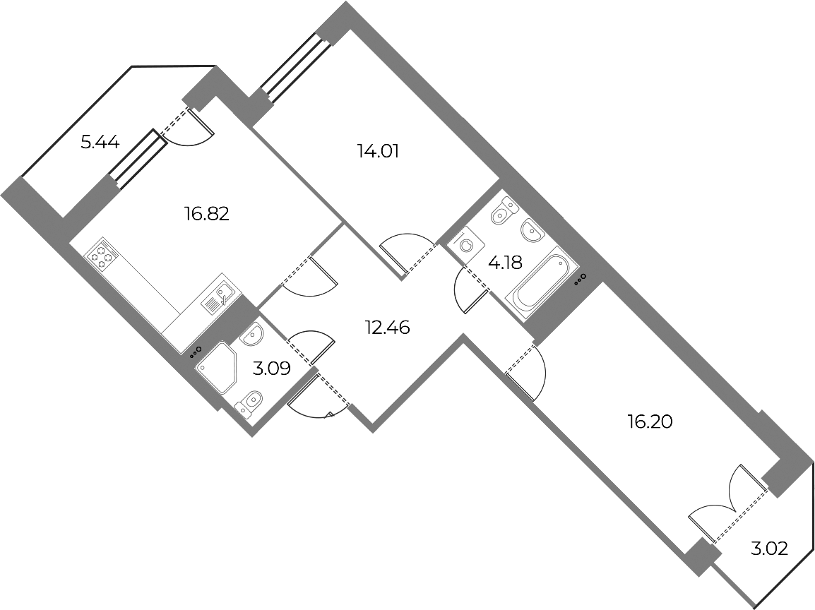 2-комнатная квартира 70.39 м², 10/18 эт., ЖК «Огни Залива»